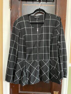 Grid print peplum zipper front blouse